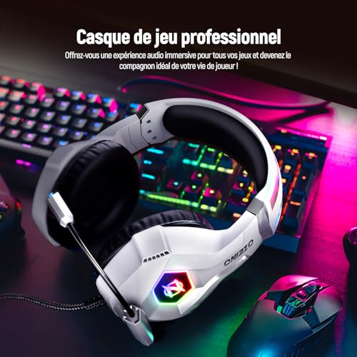 Ozeino Casque Gaming pour Ps5 PC Ps4, Casque Gamer pour Micro RGB 7 Couleurs Transducteurs 50mm Stéréo Basse Micro Anti-Bruit Réglable Compatible avec Switch Xbox Series X & S-Blanc – Image 6