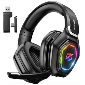 Ozeino Casque Gaming sans Fil pour PC PS5 PS4, 2.4GHz Audio sans Perte, USB & Type-C Casque de Jeu Ultra Stable avec Microphone Flip (Noir)