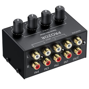 PROZOR Mini Passive Stereo Mixer Mélangeur Audio Stéréo 4 Canaux Contrôle Indépendant du Volume Design Compact & Portable Sans Alimentation Connexion RCA