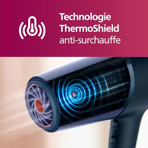 Philips 5000 Series - sèche-cheveux, technologie ThermoShield, ionique, 2 300 W, bleu métallique, avec concentrateur de 9 mm et 11 mm, diffuseur de volume, BHD510/20 – Image 3