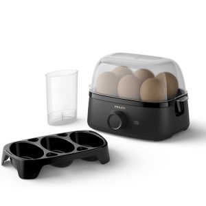 Philips Cuiseur d'œufs Series 3000, Format familial jusqu'à 6 œufs (mollets, moyens, durs, pochés), facile à nettoyer, plateau à œufs pochés et accessoire perce-œuf, 400 W, Design compact (HD9137/90)