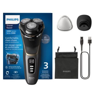 Philips Electric Shaver Series 3000 - Rasoir électrique Wet & Dry pour hommes avec technologie SkinProtect, Tondeuse rétractable, Socle de recharge, Housse de voyage, Noir, modèle S3342/13