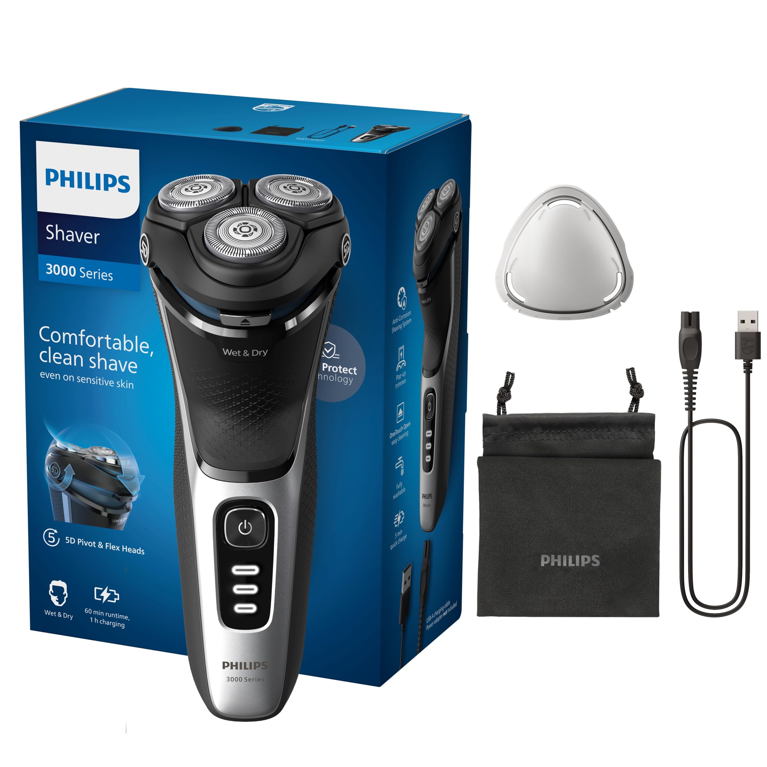 Philips Electric Shaver Series 3000 - rasoir électrique Wet & Dry pour hommes avec technologie SkinProtect, couleur Noir, tondeuse rétractable, rasoir sans fil avec housse de voyage (modèle S3241/12)