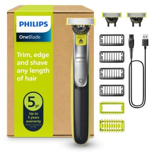 Philips OneBlade 360 Authentique Visage + Corps - Tondeuse à barbe électrique, tondeuse corps et rasoir avec technologie de lame 360, 2 lames 360, 4 sabots barbe de 3 jours, 1 kit Corps, QP2834/31