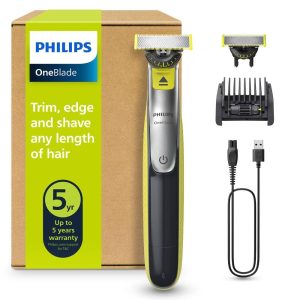 Philips OneBlade 360 hybride Visage : rasoir/tondeuse à barbe électrique, avec innovation lames 360, 2 lames 360 pour le visage, 1 sabot réglable 5 en 1 (modèle QP2734/30)