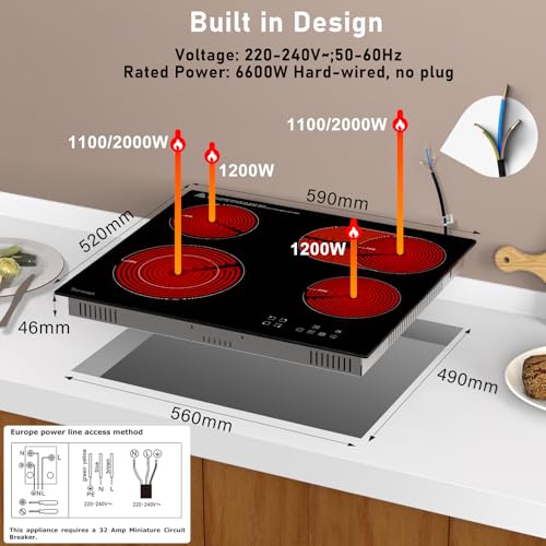 Plaque vitrocéramique 4 feux, plaque de cuisson vitrocéramique encastrable, plaque de cuisson electrique, tables de cuisson 60cm avec double zone extensible, verrou de sécurité, 6600W – Image 3