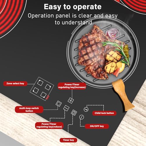 Plaque vitrocéramique 4 feux, plaque de cuisson vitrocéramique encastrable, plaque de cuisson electrique, tables de cuisson 60cm avec double zone extensible, verrou de sécurité, 6600W – Image 8