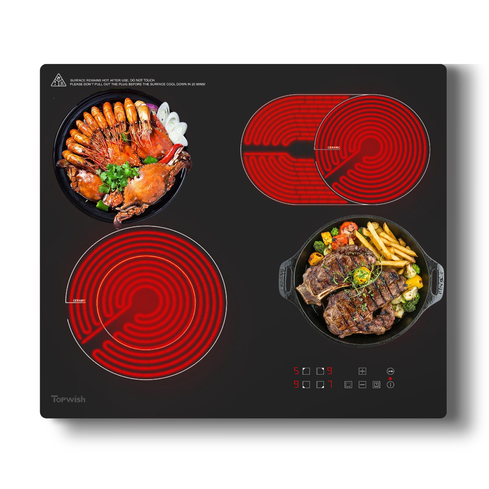 Plaque vitrocéramique 4 feux, plaque de cuisson vitrocéramique encastrable, plaque de cuisson electrique, tables de cuisson 60cm avec double zone extensible, verrou de sécurité, 6600W