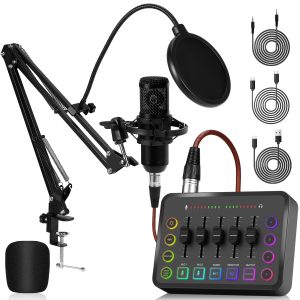 Podcast Kit Complet, Table de Mixage avec Carte Son pour Micro XLR, Interface Audio pour Musiciens en Streaming, Alimentation Fantôme 48V, pour le Streaming en Direct, le Chant, YouTube, le Jeu