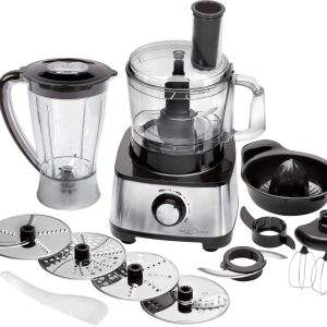 ProfiCook PC-KM 1063 Robot de cuisine compact avec boîtier en acier inoxydable, couper, pétrir, mixer, presse-agrumes, 1.2L, ouverture de remplissage, avec fonction turbo et 11 accessoires, 1200W