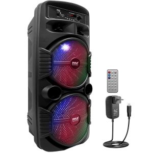 Pyle Enceinte Bluetooth, Enceinte Portable Extérieure Rechargeable de 600 W, Haut Parleur Sono avec Double Caisson de Basses, Tweeter, Entrée Microphone, Lumières de Fête, USB, Radio, Télécommande