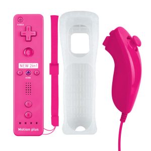 QUMOX 2 en 1 Manette pour Wii, Manette Nunchuck, Contrôleur Télécommande, Console Remplacement, Built in Motion Plus, avec Etui de Protection en Silicone pour Wii et Wii U Rose
