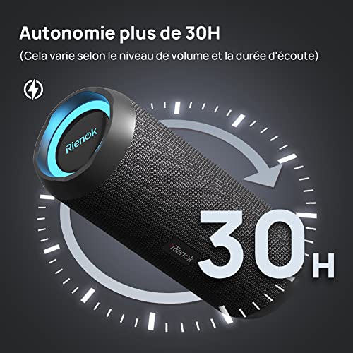 RIENOK Enceinte Portable Bluetooth aux Basses Renforcées, 30H, Bluetooth 5.3, 30W Enceinte Puissante, IPX7, AUX, TF Carte, pour Fêtes/Voyage/Extérieur, Noir – Image 4