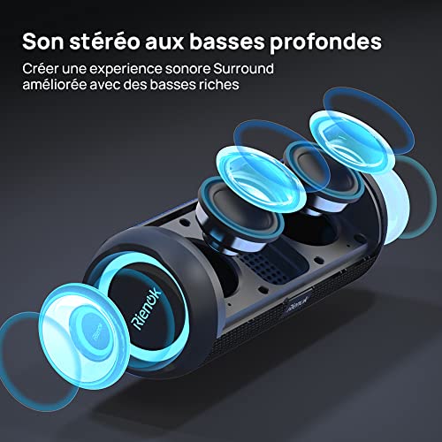 RIENOK Enceinte Portable Bluetooth aux Basses Renforcées, 30H, Bluetooth 5.3, 30W Enceinte Puissante, IPX7, AUX, TF Carte, pour Fêtes/Voyage/Extérieur, Noir – Image 7