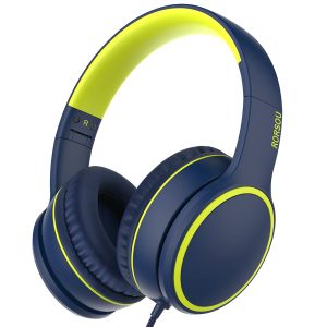 RORSOU R10 Casque Supra-auriculaire avec Microphone, léger et Pliable avec Basses stéréo avec Cordon Anti-nœuds de 1,5 m, Casque Filaire Portable pour Smartphone, Tablette, Ordinateur, MP3/4 (Bleu)