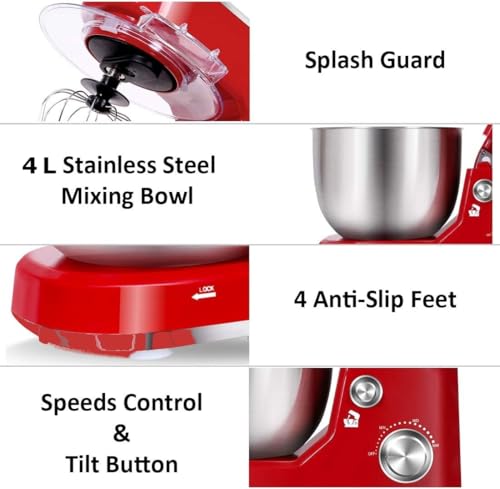 ROYALTY LINE, Robot Multifonction 1000W Rouge RLPKM7004722S-RED, Bol en Acier Inoxydable 4L, 6 Vitesses, Mouvement Planétaire, Accessoires Inclus, Idéal pour Pâtisserie et Cuisine – Image 7