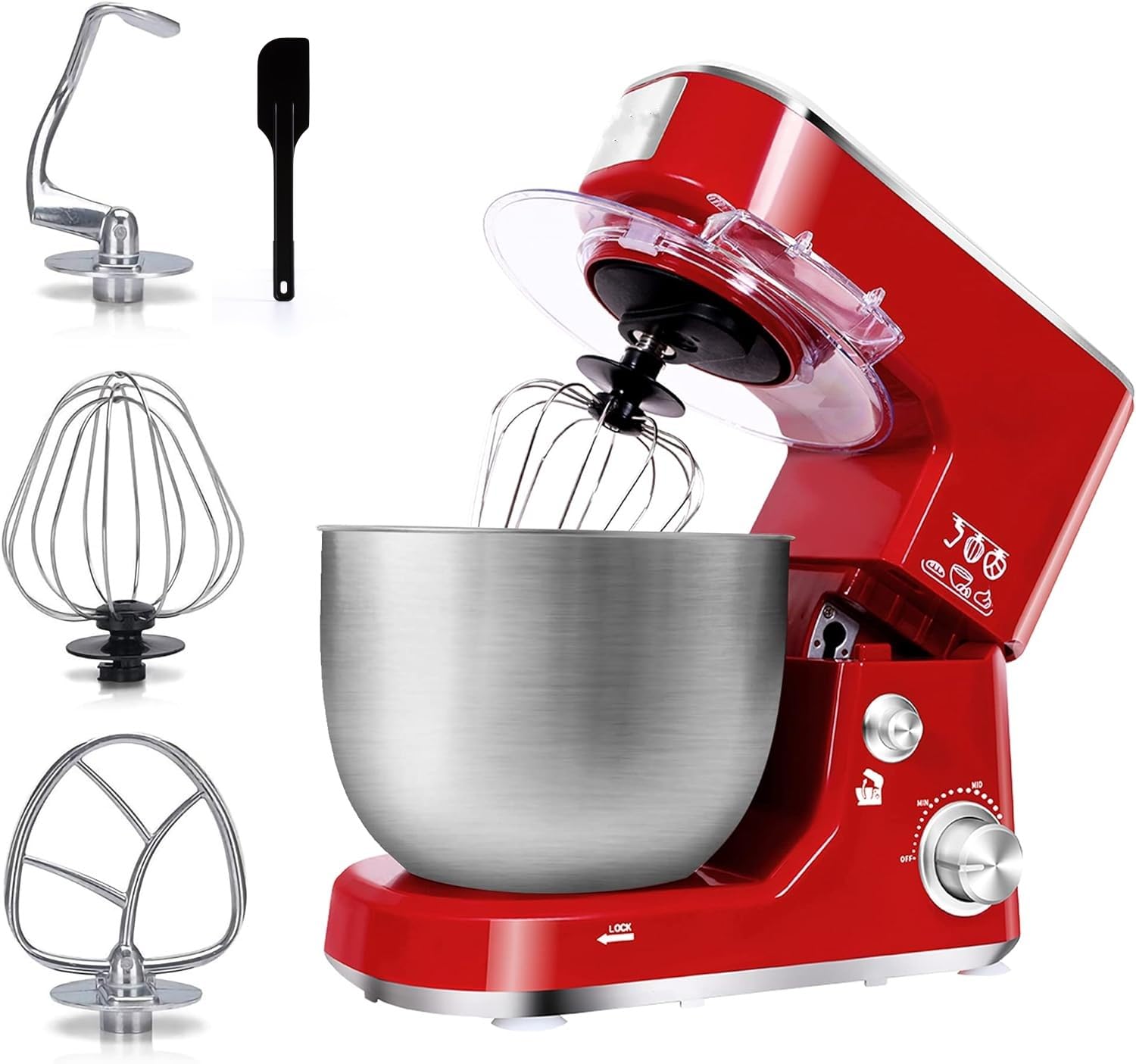 ROYALTY LINE, Robot Multifonction 1000W Rouge RLPKM7004722S-RED, Bol en Acier Inoxydable 4L, 6 Vitesses, Mouvement Planétaire, Accessoires Inclus, Idéal pour Pâtisserie et Cuisine