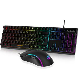RaceGT Clavier et Souris Gaming, Ensembles Clavier Souris Filaires, Clavier Ergonomique Rétroéclairé, Clavier PC Silencieux avec pavé numérique pour Windows/MacOS/Linux, AZERTY-Noir