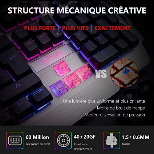 RedThunder K900 Clavier Semi-mécanique, AZERTY FRANÇAIS, Tout Métallique USB Ergonomique RGB Rétro-éclairage avec Raccourci Multimédia, Repose-Poignet pour PS4, PC, Ordinateur, Bureau, Jeux – Image 3