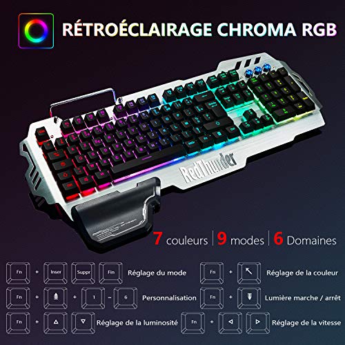 RedThunder K900 Clavier Semi-mécanique, AZERTY FRANÇAIS, Tout Métallique USB Ergonomique RGB Rétro-éclairage avec Raccourci Multimédia, Repose-Poignet pour PS4, PC, Ordinateur, Bureau, Jeux – Image 4
