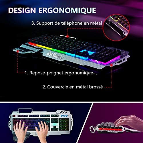RedThunder K900 Clavier Semi-mécanique, AZERTY FRANÇAIS, Tout Métallique USB Ergonomique RGB Rétro-éclairage avec Raccourci Multimédia, Repose-Poignet pour PS4, PC, Ordinateur, Bureau, Jeux – Image 5
