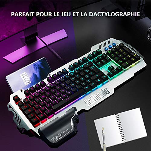 RedThunder K900 Clavier Semi-mécanique, AZERTY FRANÇAIS, Tout Métallique USB Ergonomique RGB Rétro-éclairage avec Raccourci Multimédia, Repose-Poignet pour PS4, PC, Ordinateur, Bureau, Jeux – Image 7