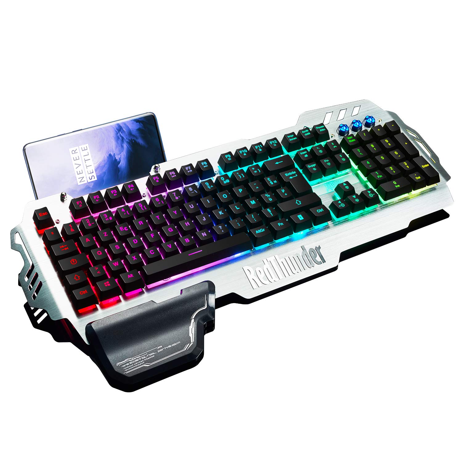 RedThunder K900 Clavier Semi-mécanique, AZERTY FRANÇAIS, Tout Métallique USB Ergonomique RGB Rétro-éclairage avec Raccourci Multimédia, Repose-Poignet pour PS4, PC, Ordinateur, Bureau, Jeux
