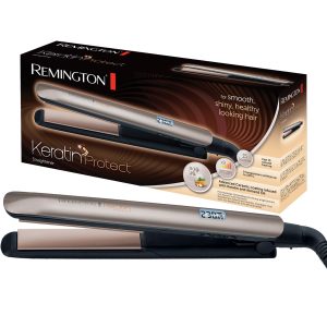 Remington Lisseur Cheveux [Soin Kératine & Huile d'amande] Protect (Soin des cheveux, Céramique, Ecran LCD, 10 réglages de Température 150-230°C, Voltage universel,pochette) Fer à lisser S8540