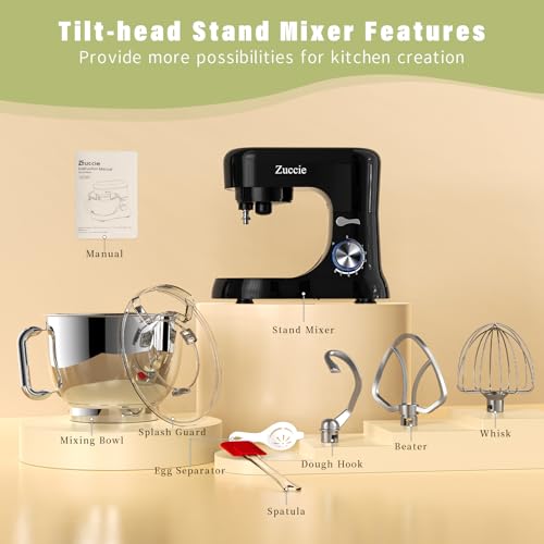 Robot Patissier, Zuccie 5 L Robot Pâtissier, 1000W Robot Cuisine avec Fouet, Batteur, Crochet, Bol d'Acier Inoxydable et Pare-éclaboussures, 8+P Vitesses Robot Pétrin Professionnel (Noir) – Image 3
