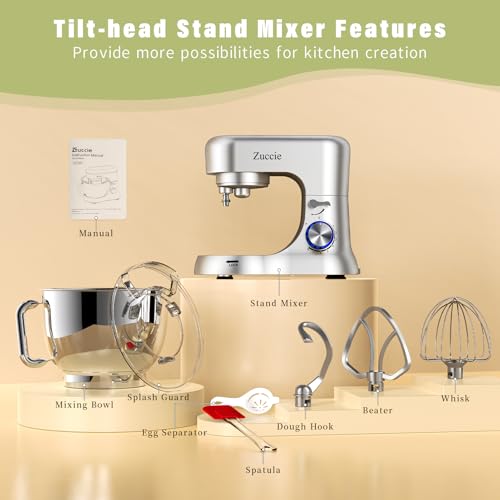 Robot Patissier, Zuccie 5 L Robot Pâtissier, 1000W Robot Cuisine avec Fouet, Batteur, Crochet, Bol d'Acier Inoxydable et Pare-éclaboussures, 8+P Vitesses Robot Pétrin Professionnel (Noir) – Image 4