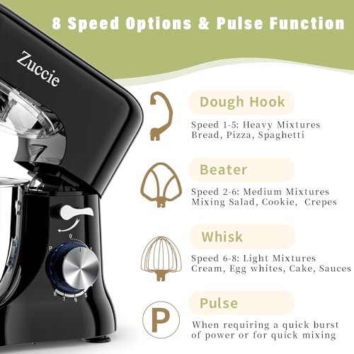 Robot Patissier, Zuccie 5 L Robot Pâtissier, 1000W Robot Cuisine avec Fouet, Batteur, Crochet, Bol d'Acier Inoxydable et Pare-éclaboussures, 8+P Vitesses Robot Pétrin Professionnel (Noir) – Image 4