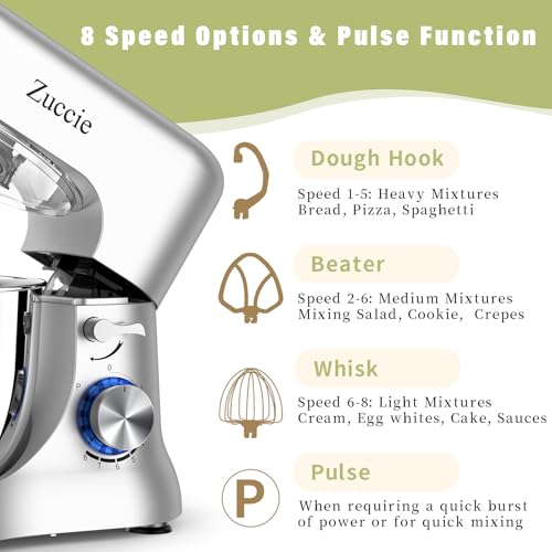 Robot Patissier, Zuccie 5 L Robot Pâtissier, 1000W Robot Cuisine avec Fouet, Batteur, Crochet, Bol d'Acier Inoxydable et Pare-éclaboussures, 8+P Vitesses Robot Pétrin Professionnel (Noir) – Image 5