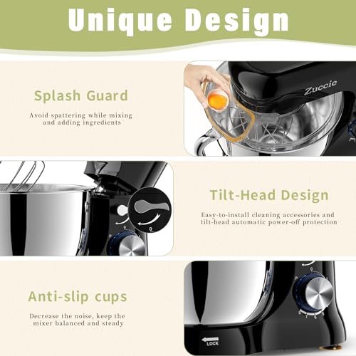 Robot Patissier, Zuccie 5 L Robot Pâtissier, 1000W Robot Cuisine avec Fouet, Batteur, Crochet, Bol d'Acier Inoxydable et Pare-éclaboussures, 8+P Vitesses Robot Pétrin Professionnel (Noir) – Image 5