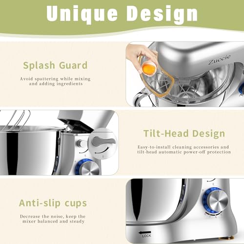 Robot Patissier, Zuccie 5 L Robot Pâtissier, 1000W Robot Cuisine avec Fouet, Batteur, Crochet, Bol d'Acier Inoxydable et Pare-éclaboussures, 8+P Vitesses Robot Pétrin Professionnel (Noir) – Image 6