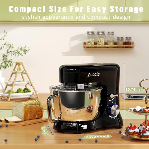 Robot Patissier, Zuccie 5 L Robot Pâtissier, 1000W Robot Cuisine avec Fouet, Batteur, Crochet, Bol d'Acier Inoxydable et Pare-éclaboussures, 8+P Vitesses Robot Pétrin Professionnel (Noir) – Image 7