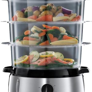 Russell Hobbs Cuiseur Vapeur [Grande capacité] Cook@Home (800W, 9 L, 3 niveaux, 1 panier cuiseur de riz + 6 supports à œufs incl., écran digital, minuterie programmable, 3 Paniers sans BPA) 19270-56