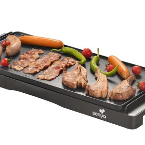 SENYA Plancha Electrique XL 2200W, Grande surface de cuisson 51 x 25 cm Antiadhésive, Revêtement effet pierre, Plancha Grill, Thermostat réglable, Nettoyage compatible Lave-vaisselle, Noir
