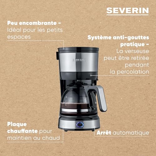 SEVERIN Cafetière filtre, 750W, Jusqu'à 4 tasses, filtre permanent lavable, porte filtre amovible, Plaque chauffante, Inox/Noir, KA 4808 – Image 4