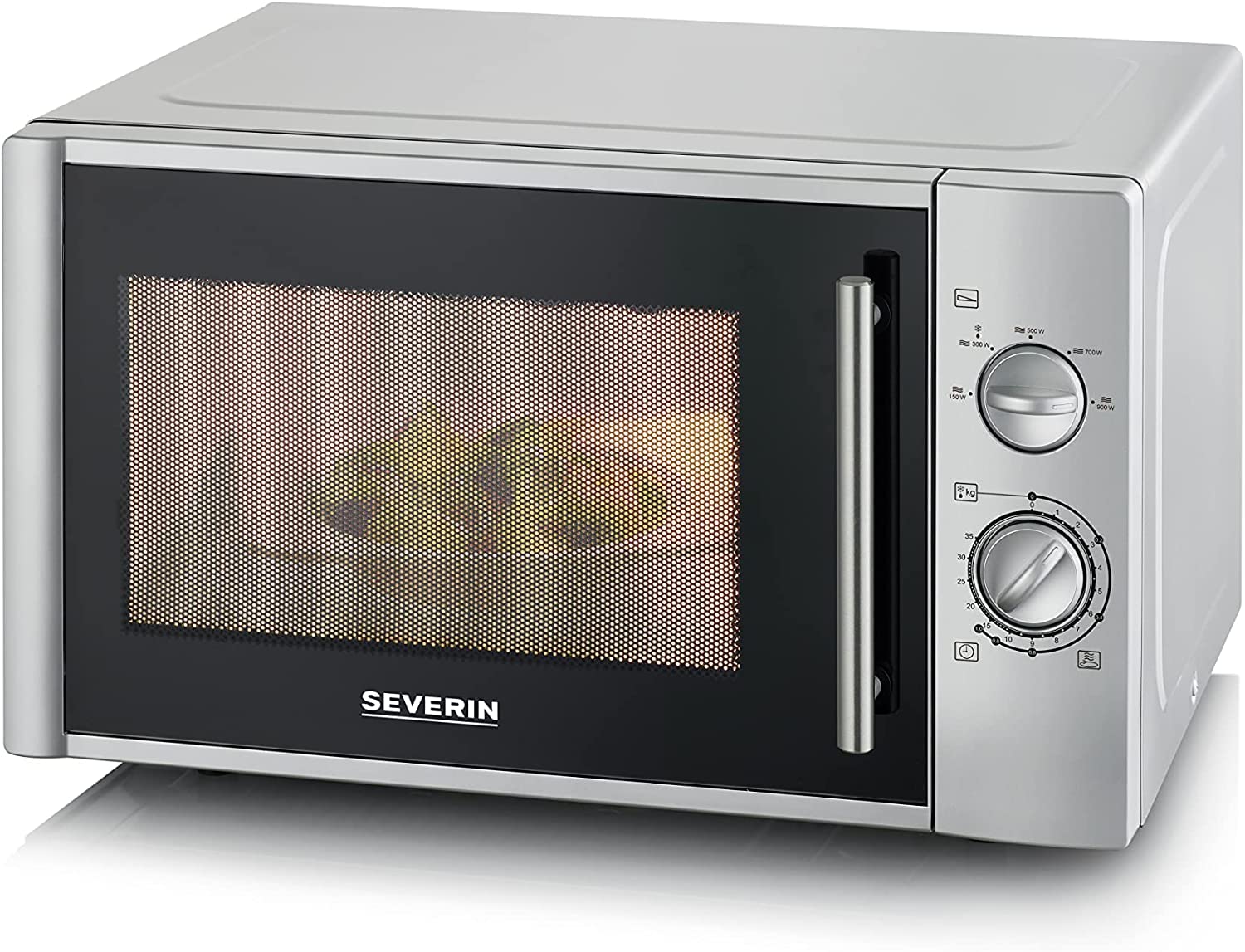 SEVERIN Four à micro-ondes 28 L, - 900 W pour décongeler, chauffer et réchauffer, - avec 5 niveaux de puissance, Minuteur 35 min, Plateau tournant (Ø 31,5 cm), Argent, MW 7772