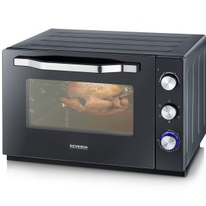 SEVERIN Four posable XXL à Chaleur Tournante 60 L avec pierre à pizza et tournebroche 2 200 W design simple et élégant, Four électrique avec minuteur 120 min, Noir/Inox, TO 2073