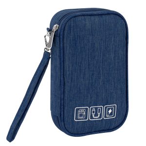 Sac de Rangement Câbles Petit Electroniques Portable Pochette Rangement Imperméable Organisateur pour Banque d'alimentation Fil d'écouteur USB 18,5x11,5x2,5 cm Bleu Foncé