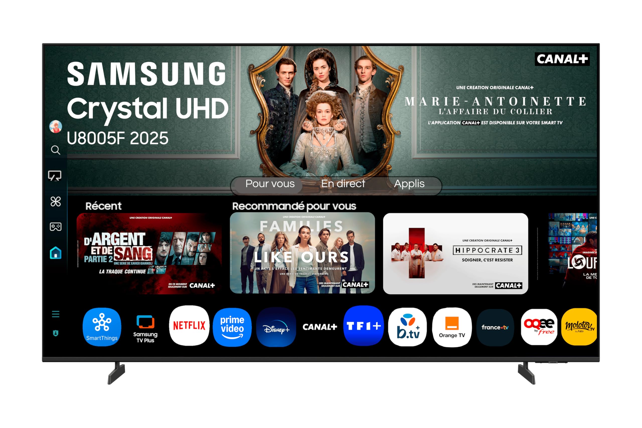 Samsung TV 55 Pouces Crystal UHD 55U8075F 4K Smart TV, Bluetooth, WiFi, Airplay, Crystal Processor 4K, HDR, Q-Symphony, Knox Security, Gaming Hub, Bixby, Applications opérateurs intégrées