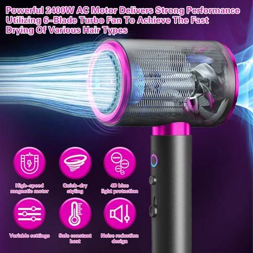 Sèche-cheveux Ionique Séchage Rapide avec Fonction Froid/Chaud, 3 Vitesses 2400W Silencieux et Puissant, Concentrateurs & Diffuseur, Parfait pour Maison, Salon et Voyage – Image 4