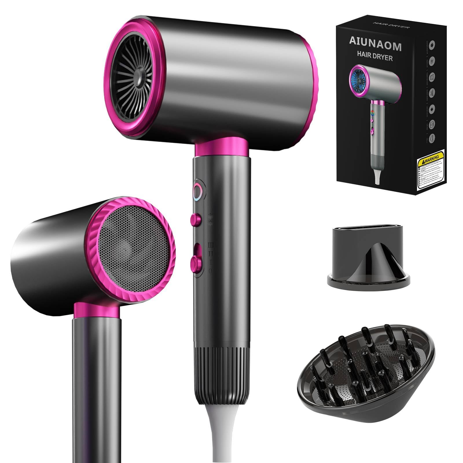 Sèche-cheveux Ionique Séchage Rapide avec Fonction Froid/Chaud, 3 Vitesses 2400W Silencieux et Puissant, Concentrateurs & Diffuseur, Parfait pour Maison, Salon et Voyage