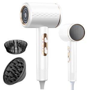 Sèche-cheveux ionique professionnel, 2400 W avec bouton chaud/froid, 3 réglages de température, diffuseur inclus, Léger Sèche-cheveux pour Salon à Domicile Voyage Femme Enfants (Blanc)