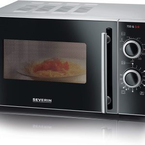 Severin Four Micro-ondes, Gril 900W, 20L, 9 niveaux de puissance, Minuteur 30 min, Plateau tournant amovible (Ø24,5cm), Inox/Noir, MW7771