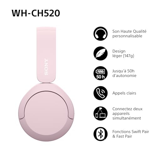 Sony WH-CH520 - Casque Bluetooth sans Fil, Multipoint, Micro intégré - jusqu'à 50 Heures d'autonomie et Charge Rapide - Rose – Image 3
