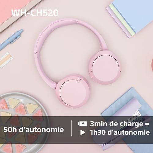 Sony WH-CH520 - Casque Bluetooth sans Fil, Multipoint, Micro intégré - jusqu'à 50 Heures d'autonomie et Charge Rapide - Rose – Image 6