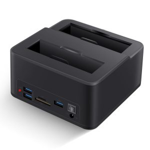 Station d'accueil Double Baie USB 3.0 pour disques durs/SSD SATA 2,5"/3,5" (jusqu'à 2x16TB) avec Lecteur de Cartes SD/microSD intégré. Prend en Charge Le clonage Hors Ligne, Le Plug & Play