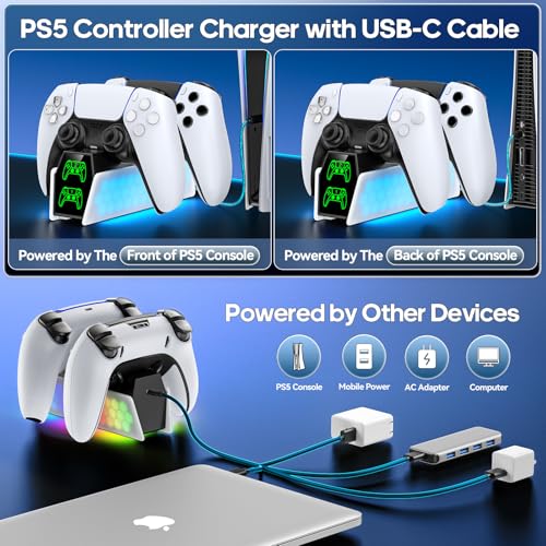Station de Charge Manette PS5 avec Lumière RVB & Indicateur LED, Chargeur Manette PS5 pour Manettes PS5/PS5 Edge, Accessoires de Station de Charge avec Câble USB-C – Image 5